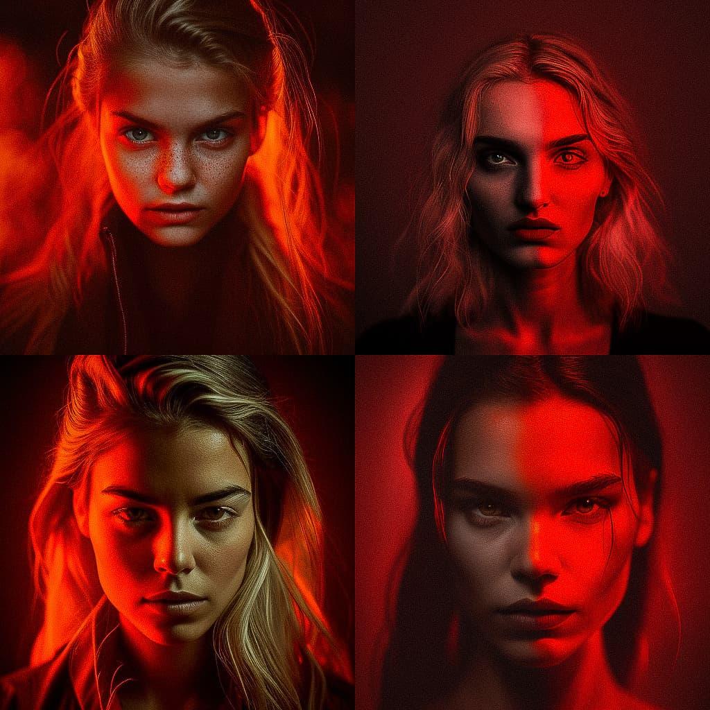 Portrait shot with red light style, Midjourney V4, render 1 of 4