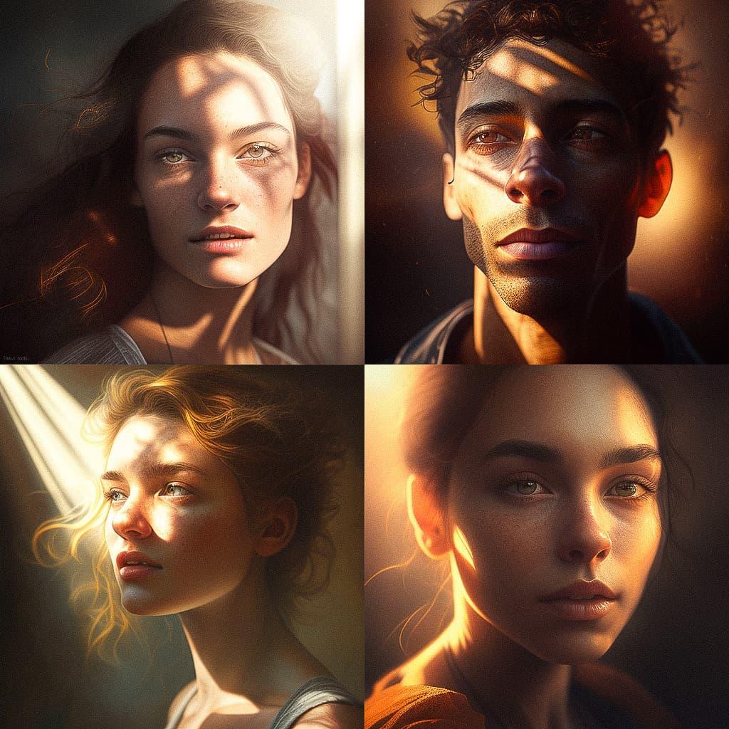 Portrait shot with sunlight style, Midjourney V4, render 1 of 4