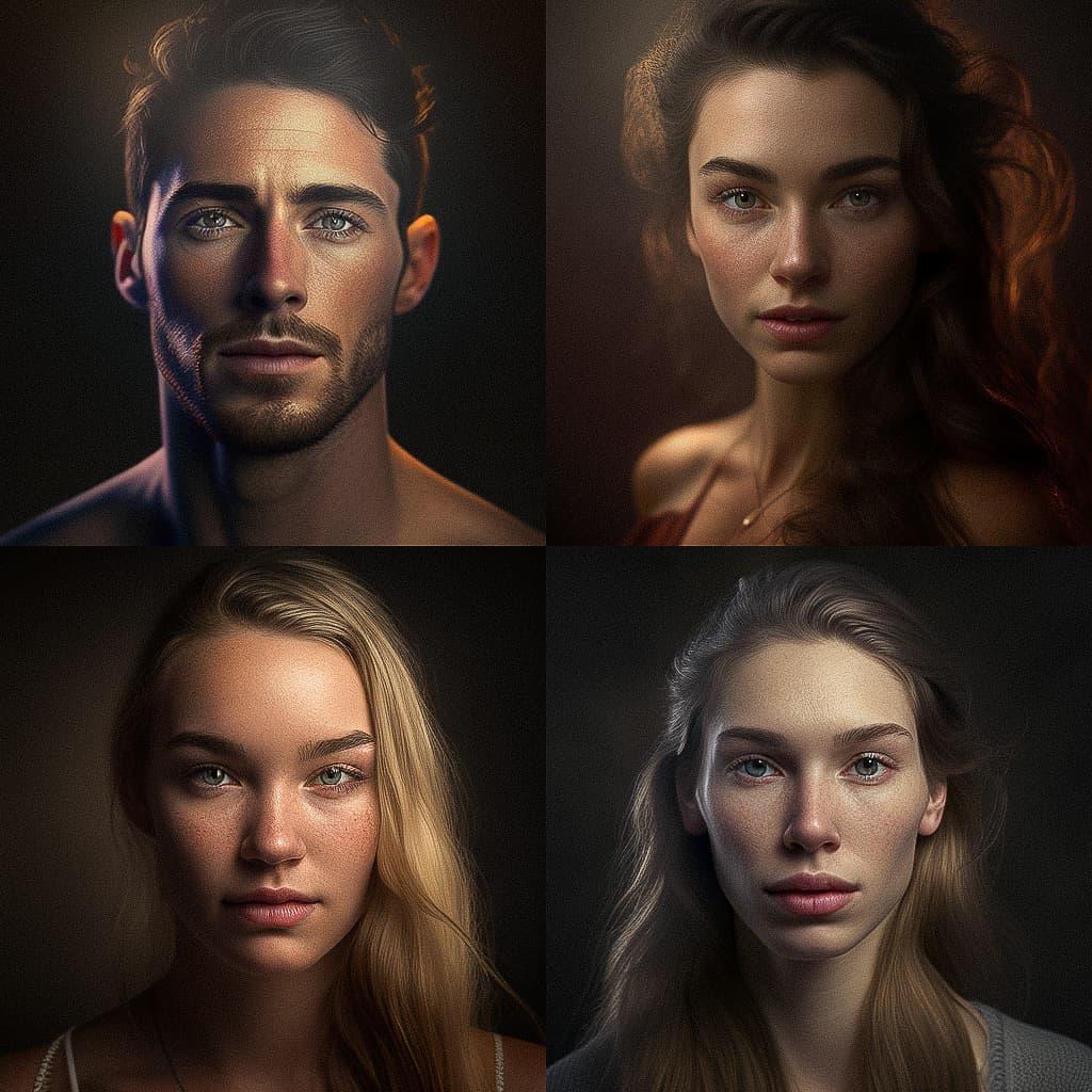 Portrait shot with top lighting style, Midjourney V4, render 1 of 4
