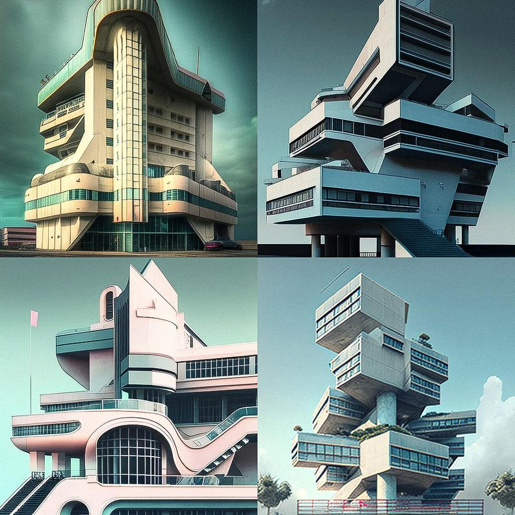 Postmodern architecture style, Midjourney V4, render 1 of 4