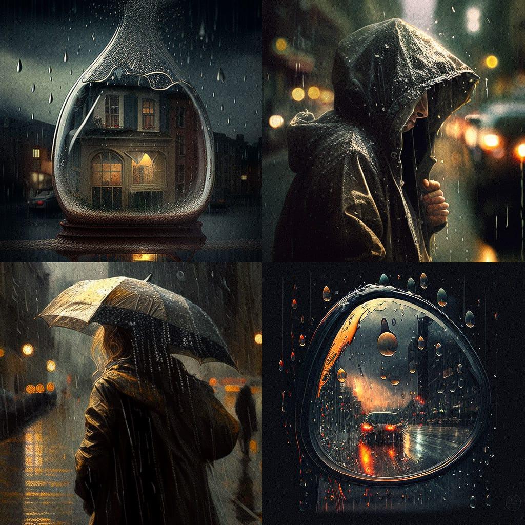 Pouring rain style, Midjourney V4, render 1 of 4