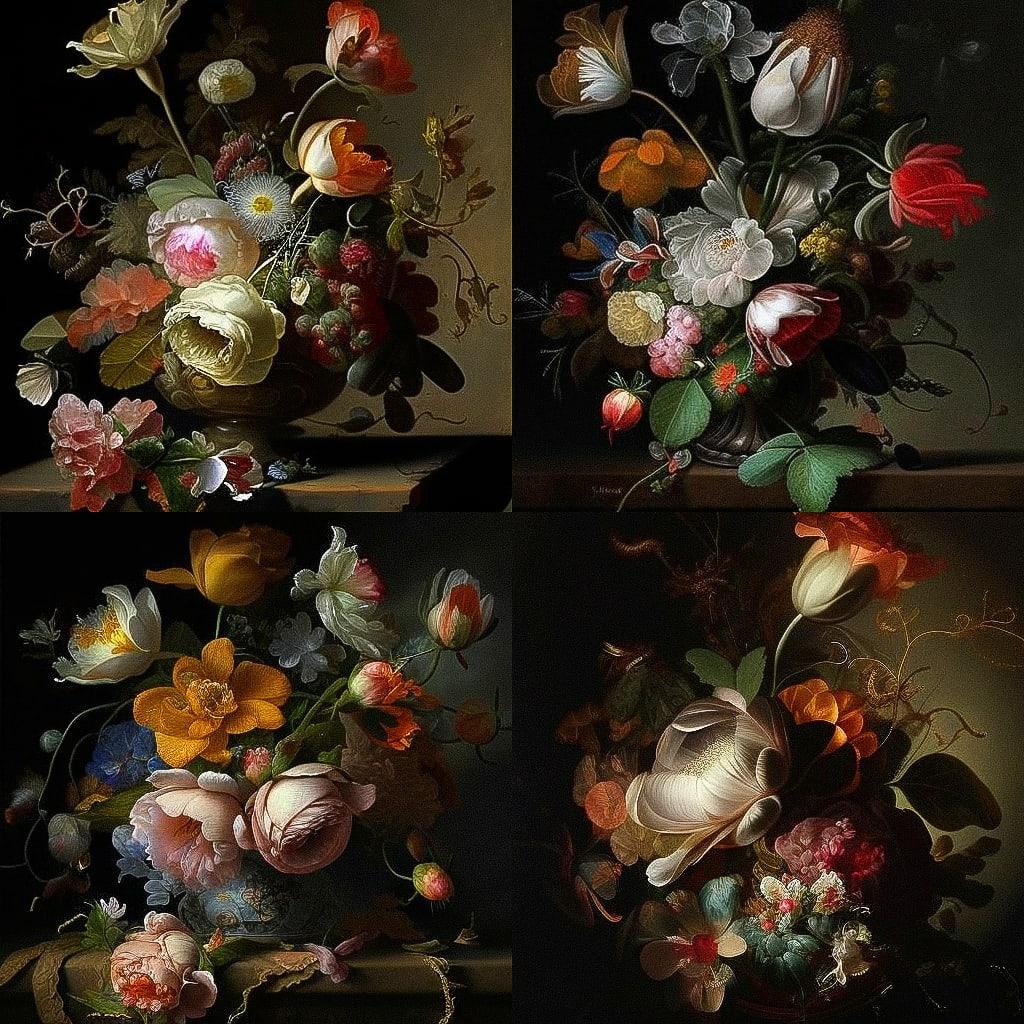 Rachel Ruysch style, Midjourney V4, render 1 of 4