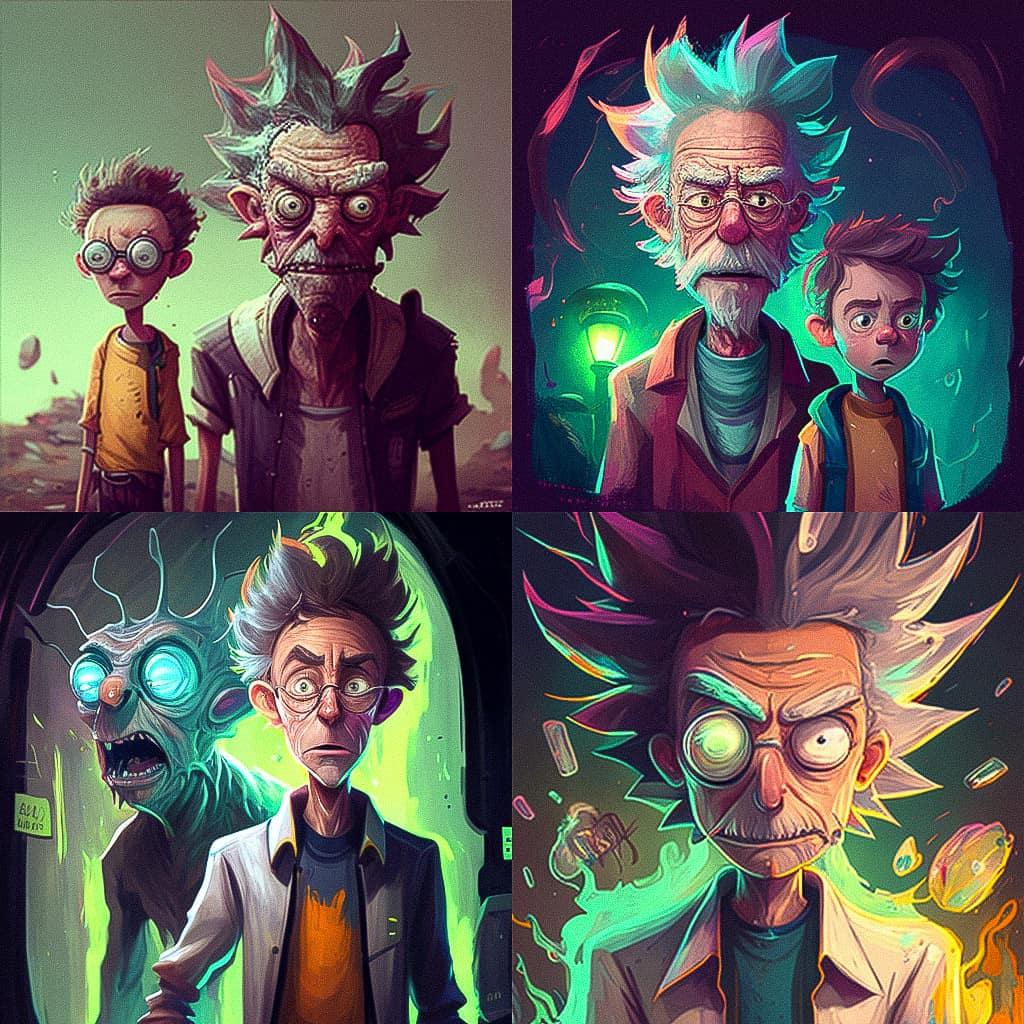 Rick and Morty style, Midjourney V4, render 1 of 4