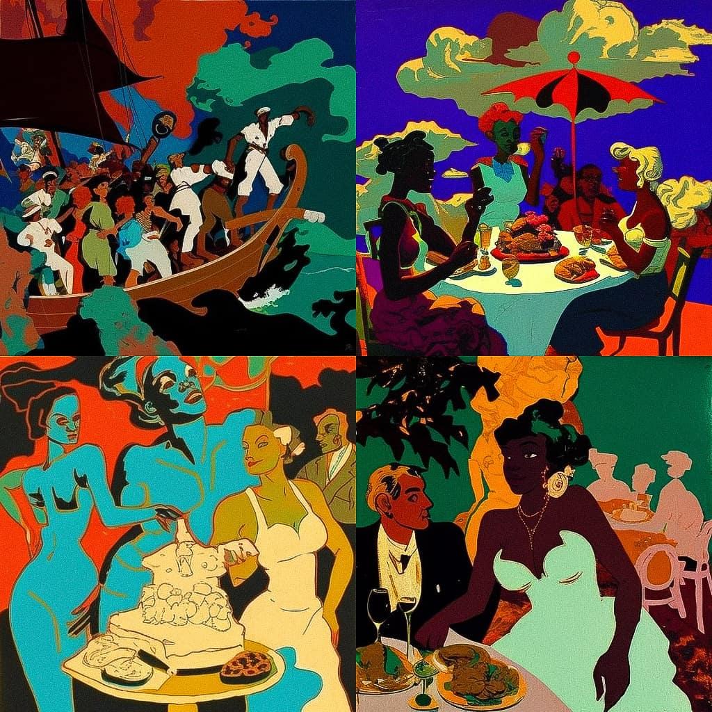 Robert Colescott style, Midjourney V4, render 1 of 4