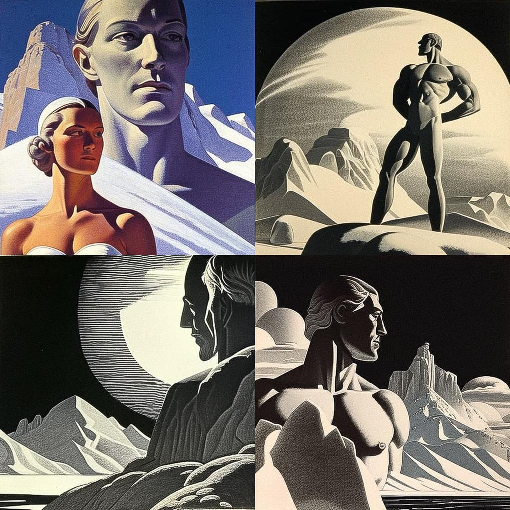 Rockwell Kent style, Midjourney V4, render 1 of 4