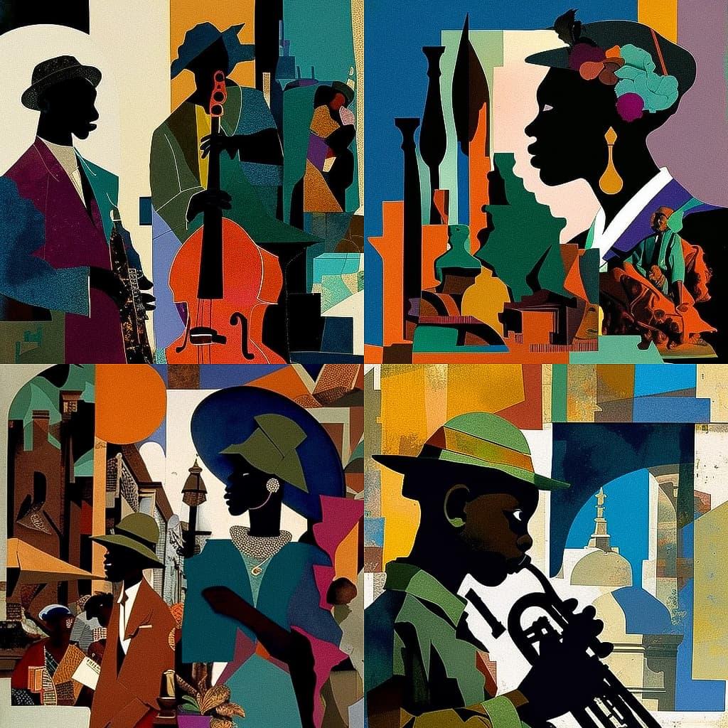 Romare Bearden style, Midjourney V4, render 1 of 4