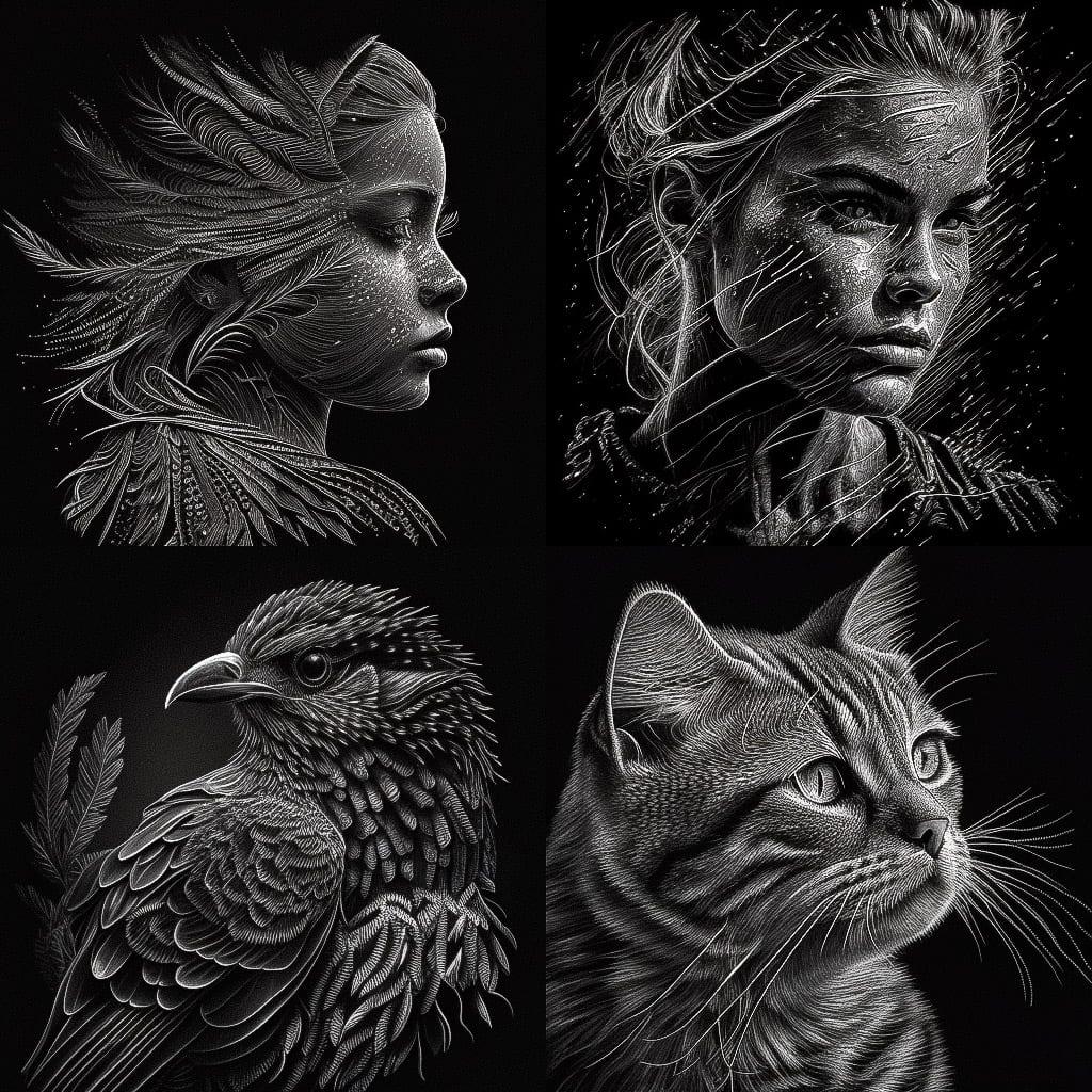 Scratchboard art style, Midjourney V4, render 1 of 4