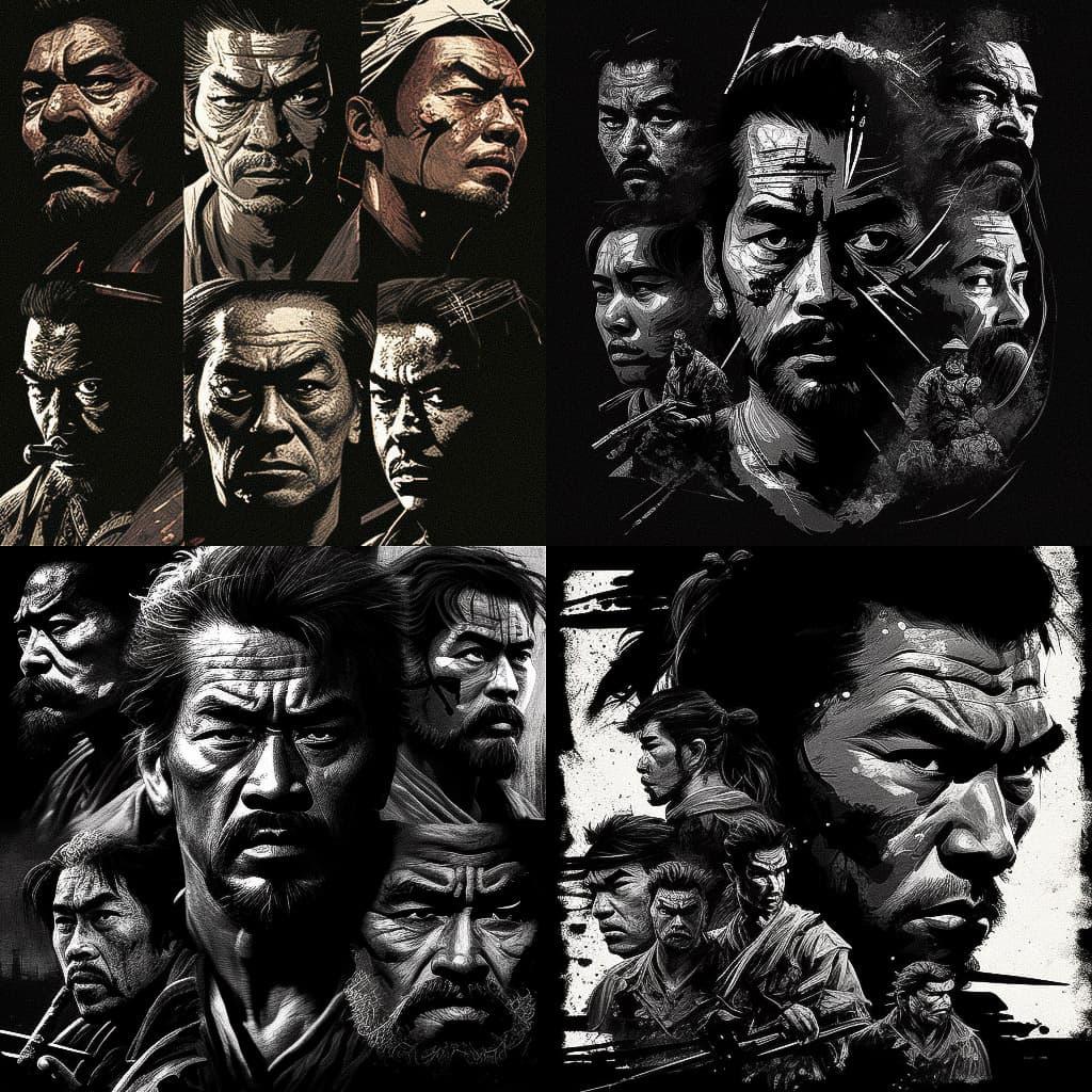 Seven Samurai style, Midjourney V4, render 1 of 4