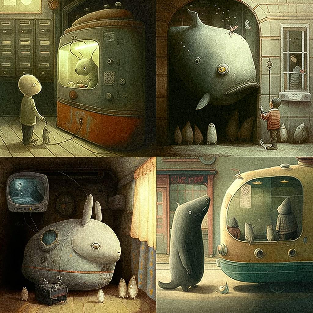 Shaun Tan style, Midjourney V4, render 1 of 4