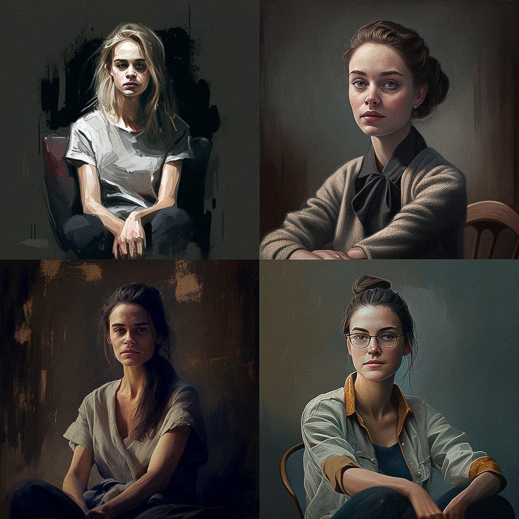 Sitting portrait style, Midjourney V4, render 1 of 4