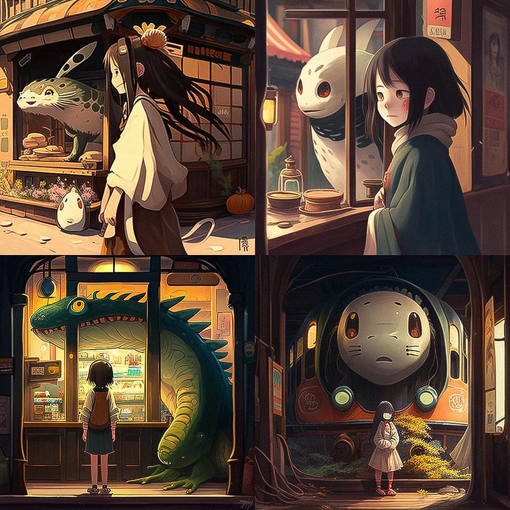 Spirited Away style, Midjourney V4, render 1 of 4