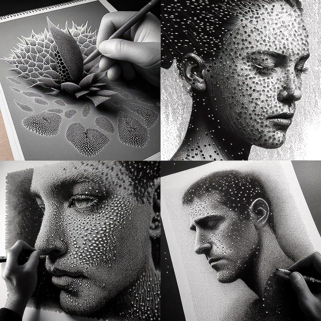 Stippling style, Midjourney V4, render 1 of 4