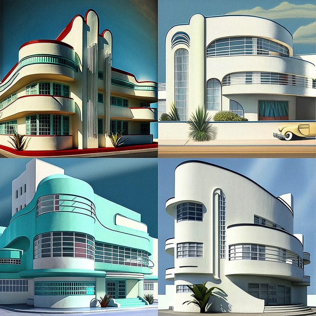 Streamline Moderne architecture style, Midjourney V4, render 1 of 4