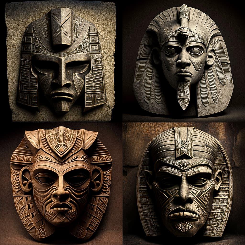 Sumerian death mask style, Midjourney V4, render 1 of 4