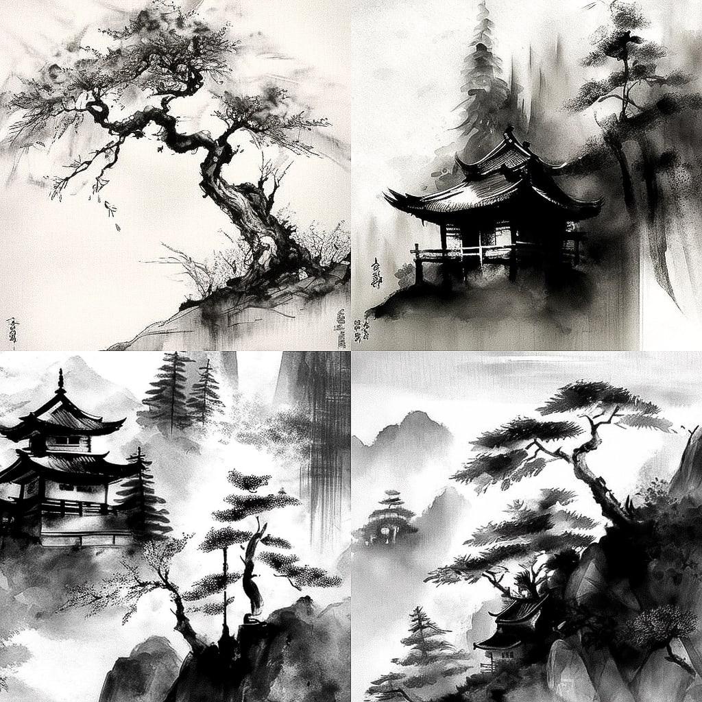Sumi-e drawing style, Midjourney V4, render 1 of 4