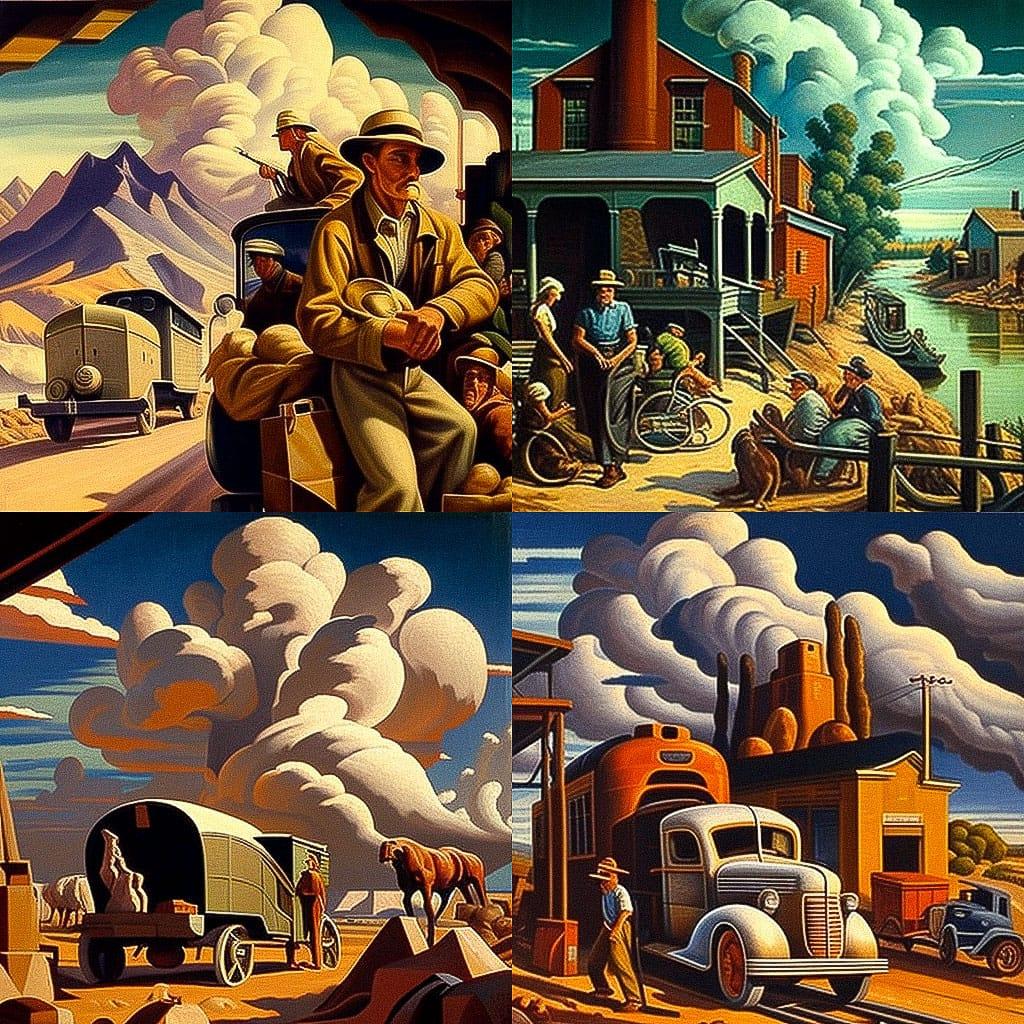 Thomas Hart Benton style, Midjourney V4, render 1 of 4