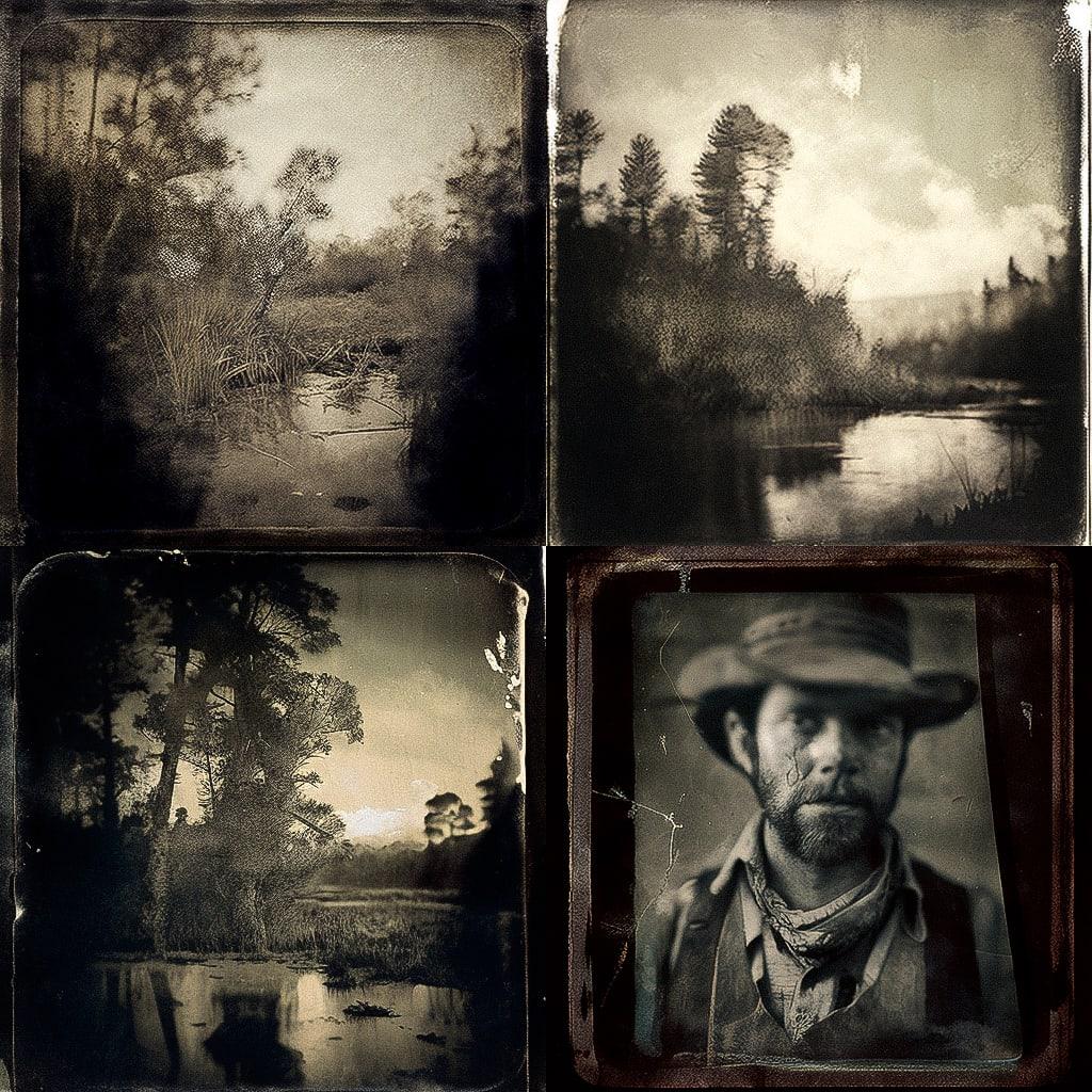 Tintype print style, Midjourney V4, render 1 of 4