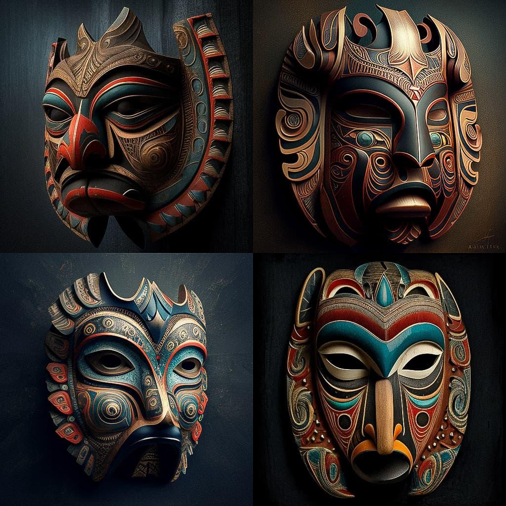 Tlingit mask style, Midjourney V4, render 1 of 4