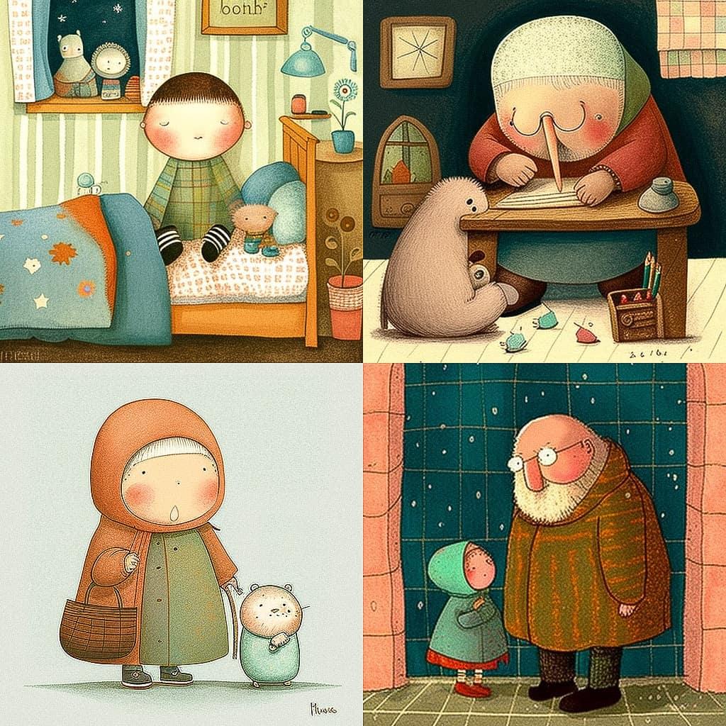 Tomie dePaola style, Midjourney V4, render 1 of 4