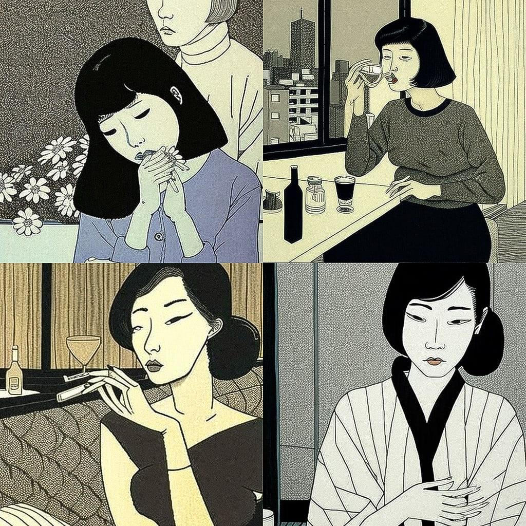 Toshio Saeki style, Midjourney V4, render 1 of 4