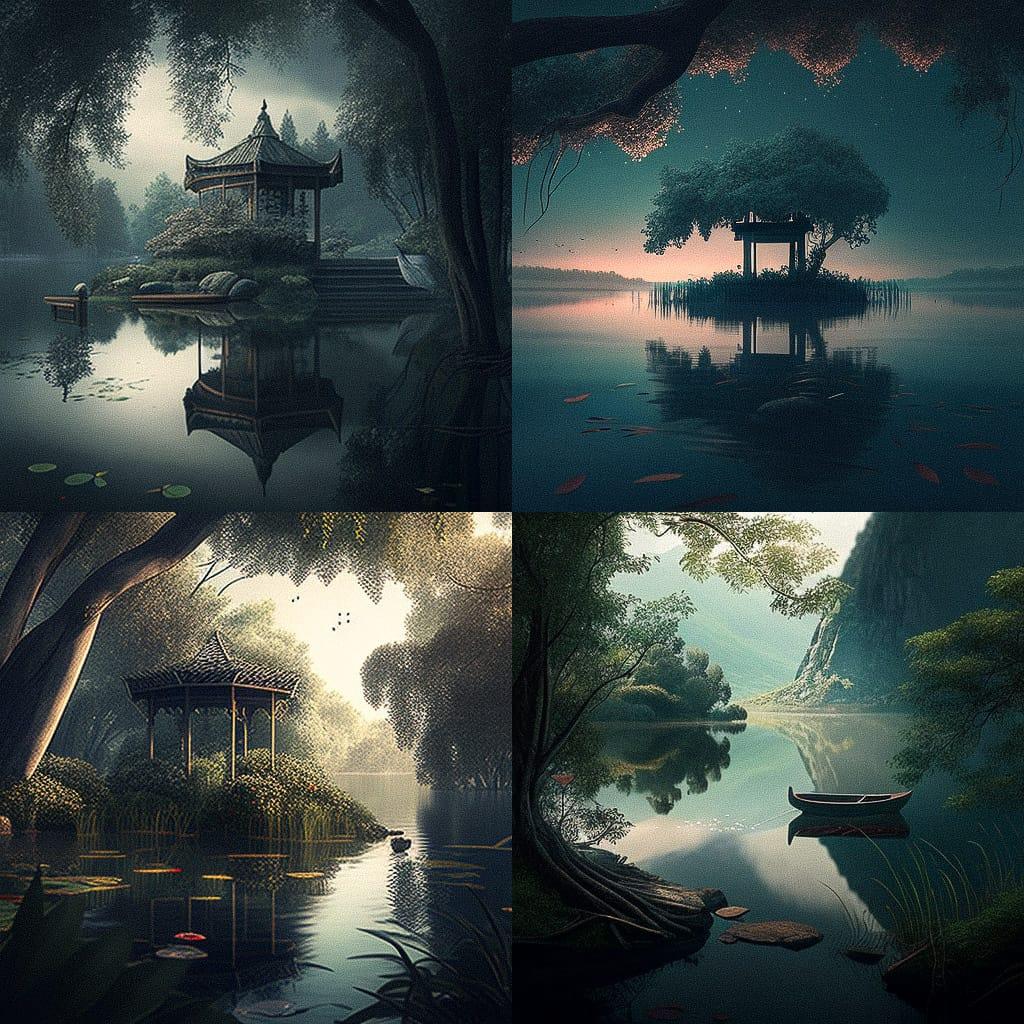 Tranquil atmosphere style, Midjourney V4, render 1 of 4