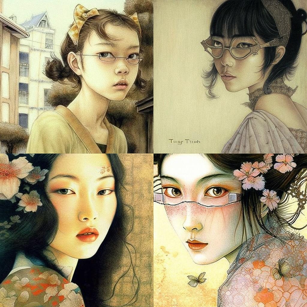 Tsuguharu Foujita style, Midjourney V4, render 1 of 4