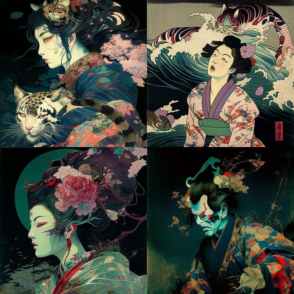 Tsukioka Yoshitoshi style, Midjourney V4, render 1 of 4