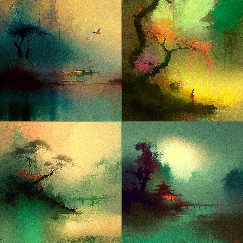Tyrus Wong style, Midjourney V4, render 1 of 4