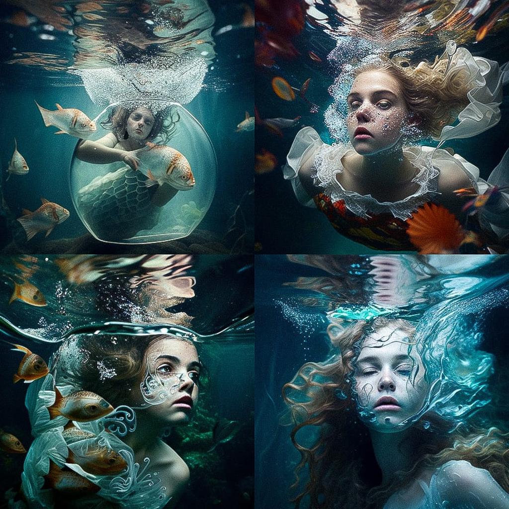 Underwater photography style, Midjourney V4, render 1 of 4