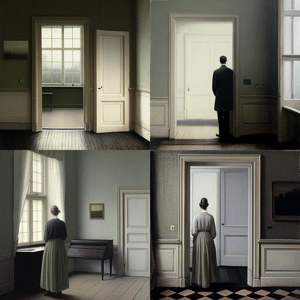 Vilhelm Hammershoi style, Midjourney V4, render 1 of 4