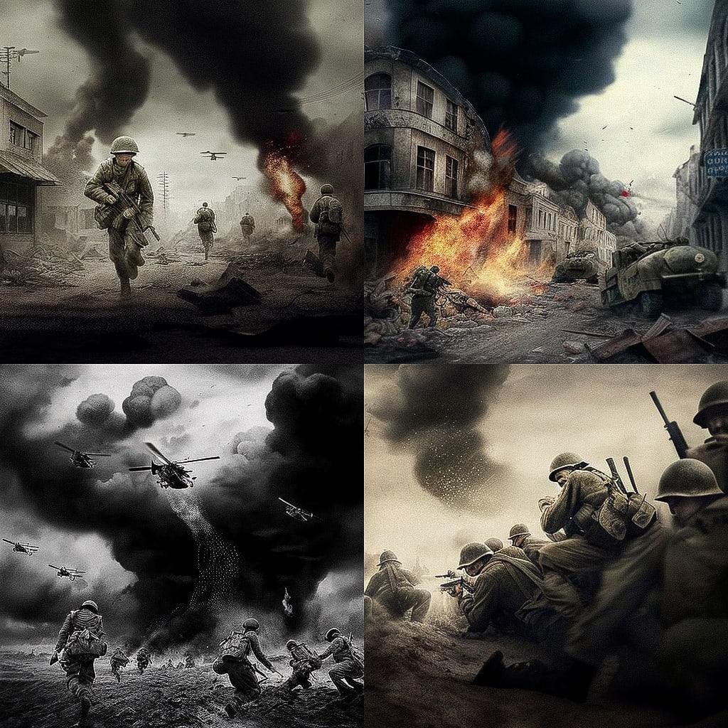 War photography style, Midjourney V4, render 1 of 4