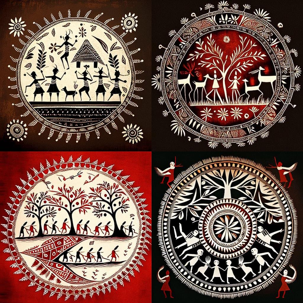 Warli painting style, Midjourney V4, render 1 of 4