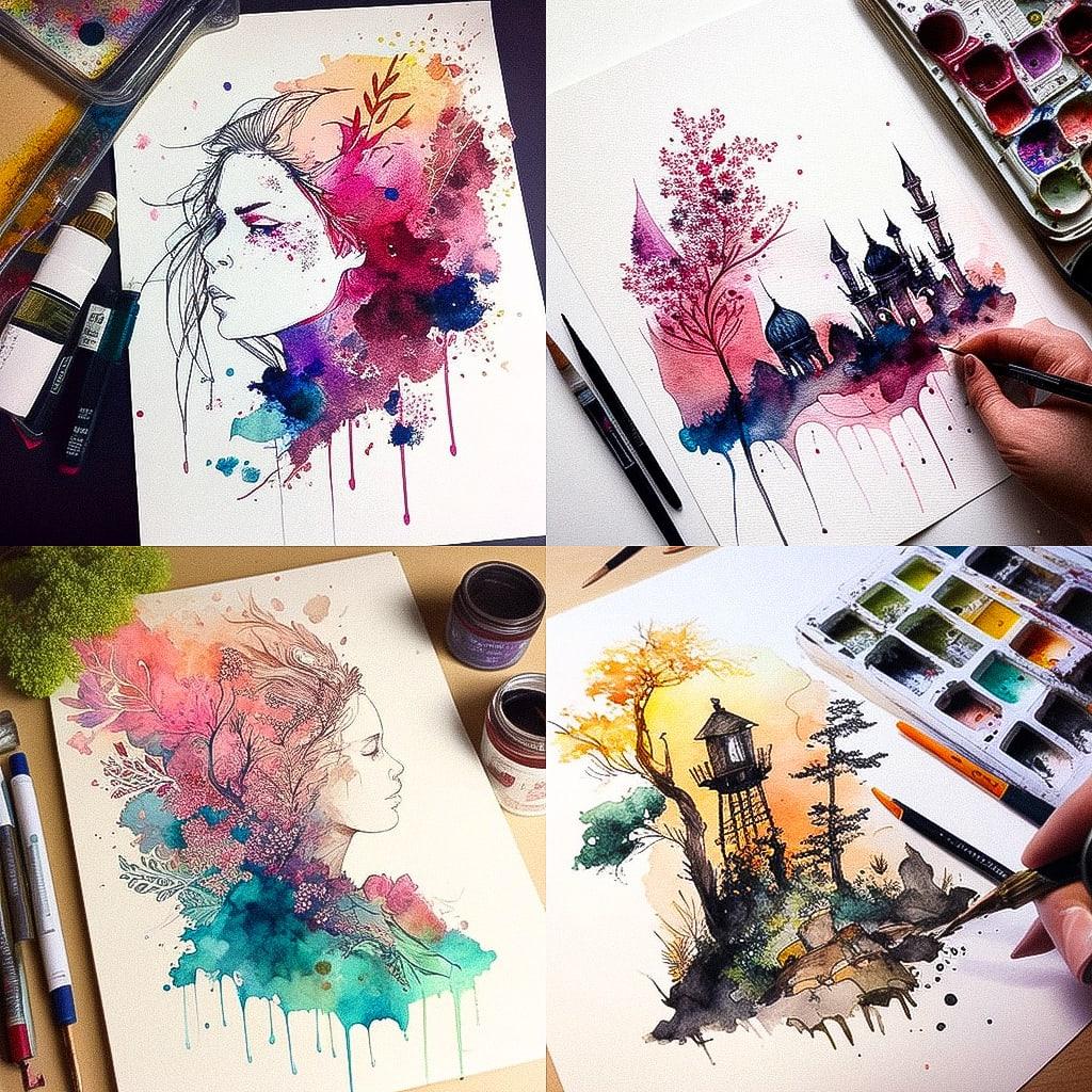Watercolor with ink pen outline style, Midjourney V4, render 1 of 4