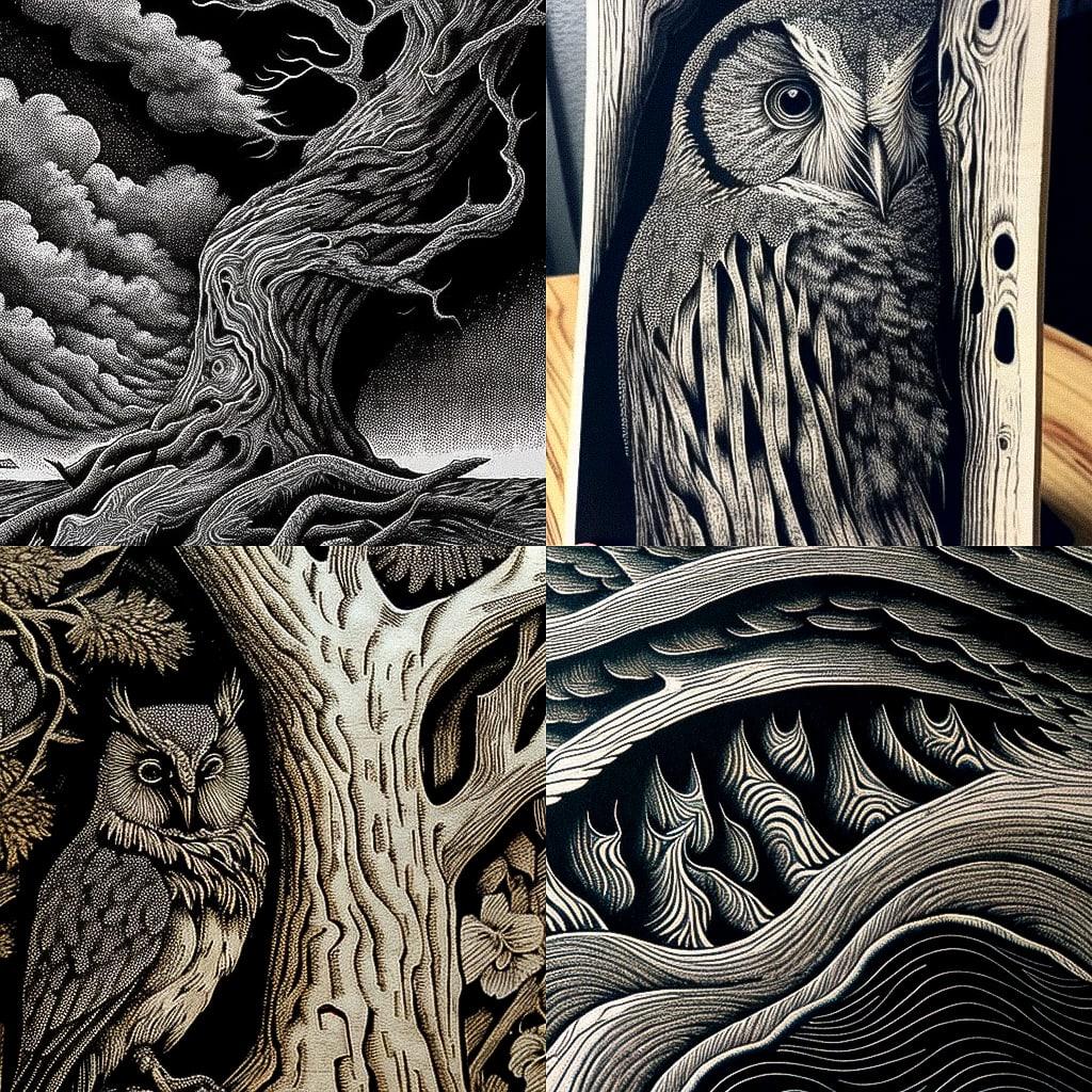 Wood engraving style, Midjourney V4, render 1 of 4