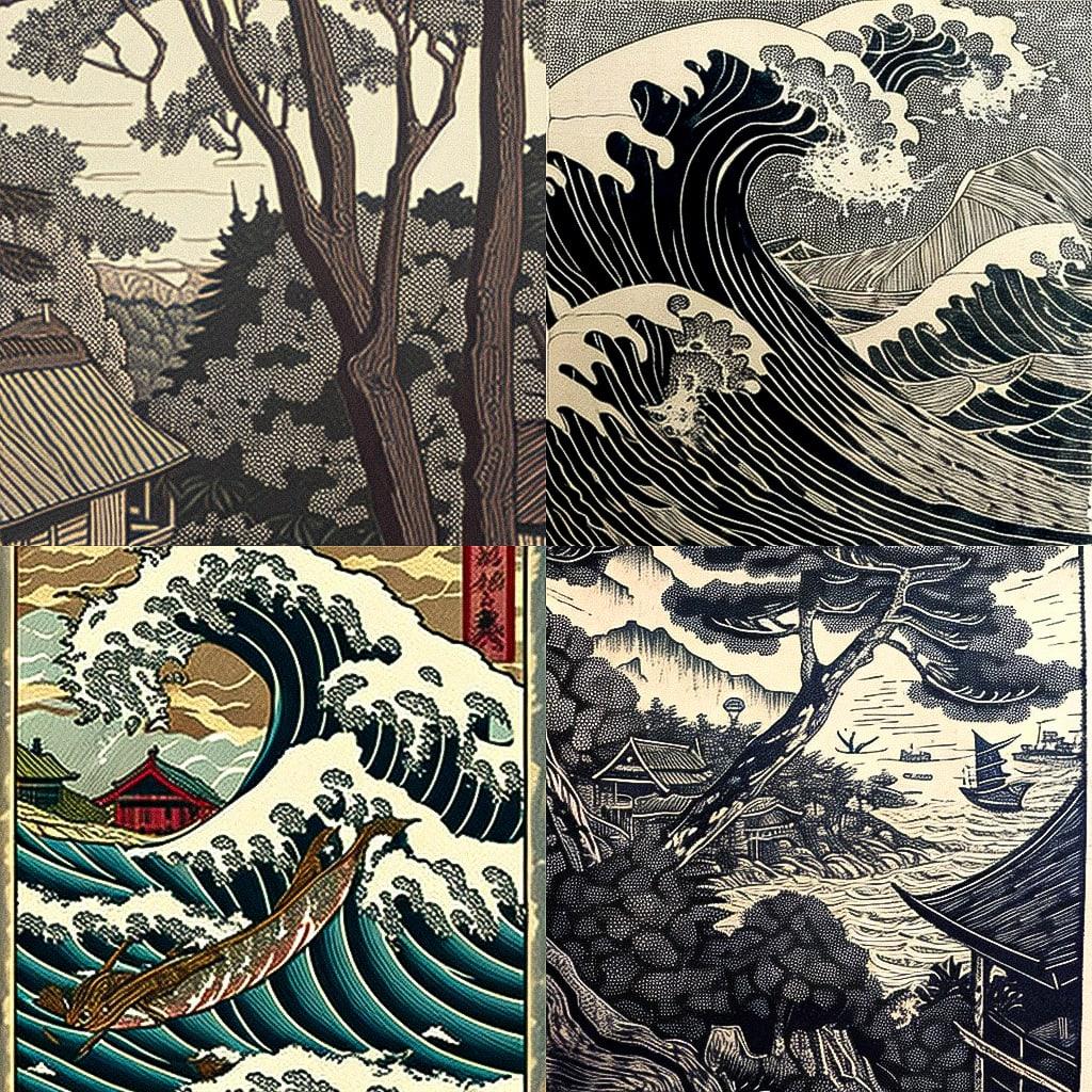 Woodblock print style, Midjourney V4, render 1 of 4