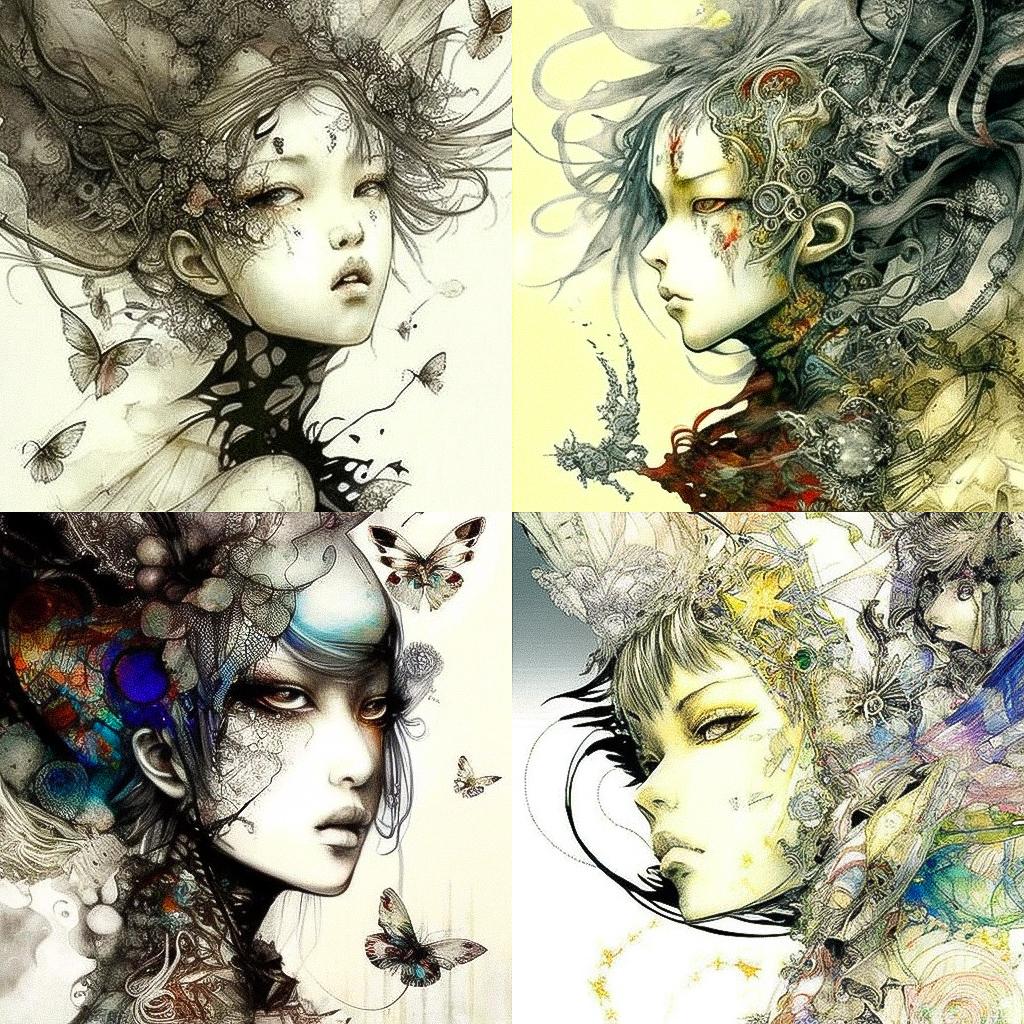 Yoshitaka Amano style, Midjourney V4, render 1 of 4