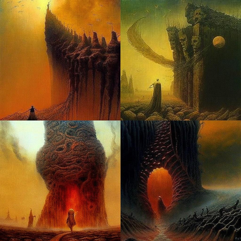 Zdzislaw Beksinski style, Midjourney V4, render 1 of 4