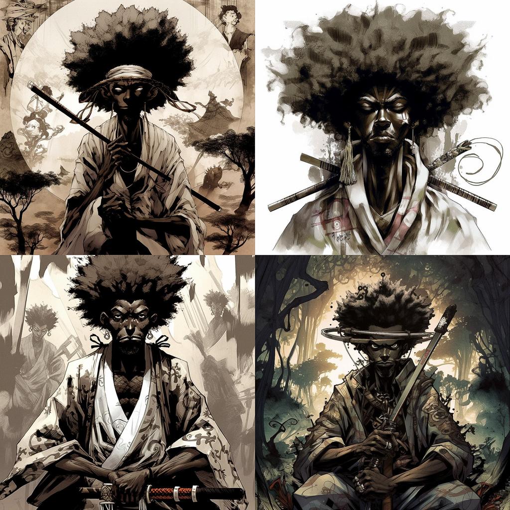 Afro Samurai style, Midjourney V5, render 1 of 4