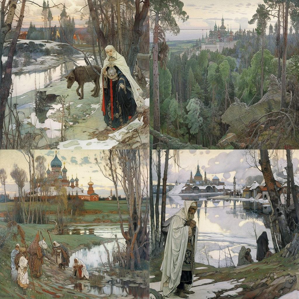 Apollinary Vasnetsov style, Midjourney V5, render 1 of 4