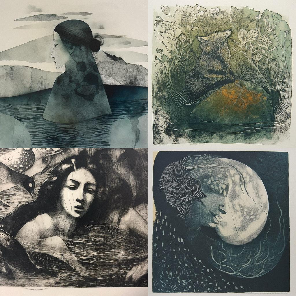 Aquatint print style, Midjourney V5, render 1 of 4