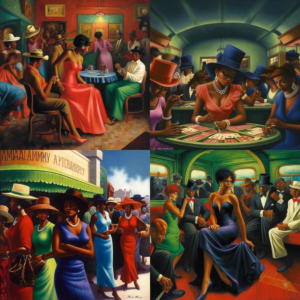 Archibald Motley style, Midjourney V5, render 1 of 4