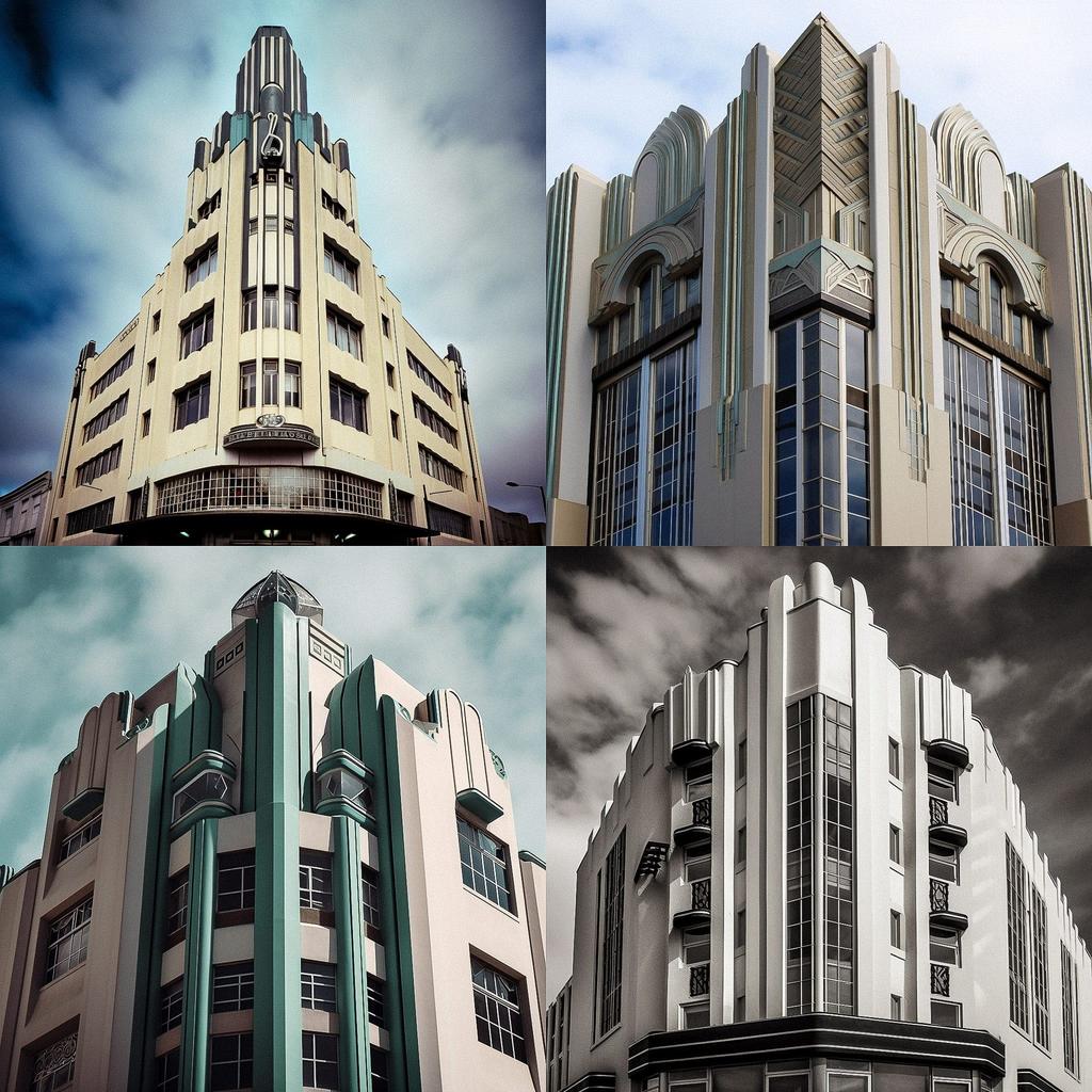 Art Deco architecture style, Midjourney V5, render 1 of 4