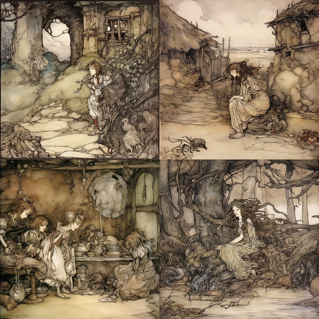 Arthur Rackham style, Midjourney V5, render 1 of 4