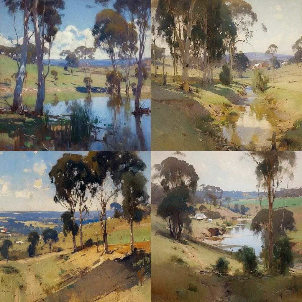 Arthur Streeton style, Midjourney V5, render 1 of 4