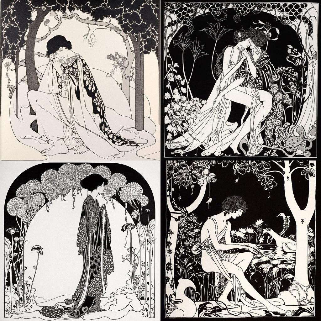 Aubrey Beardsley style, Midjourney V5, render 1 of 4