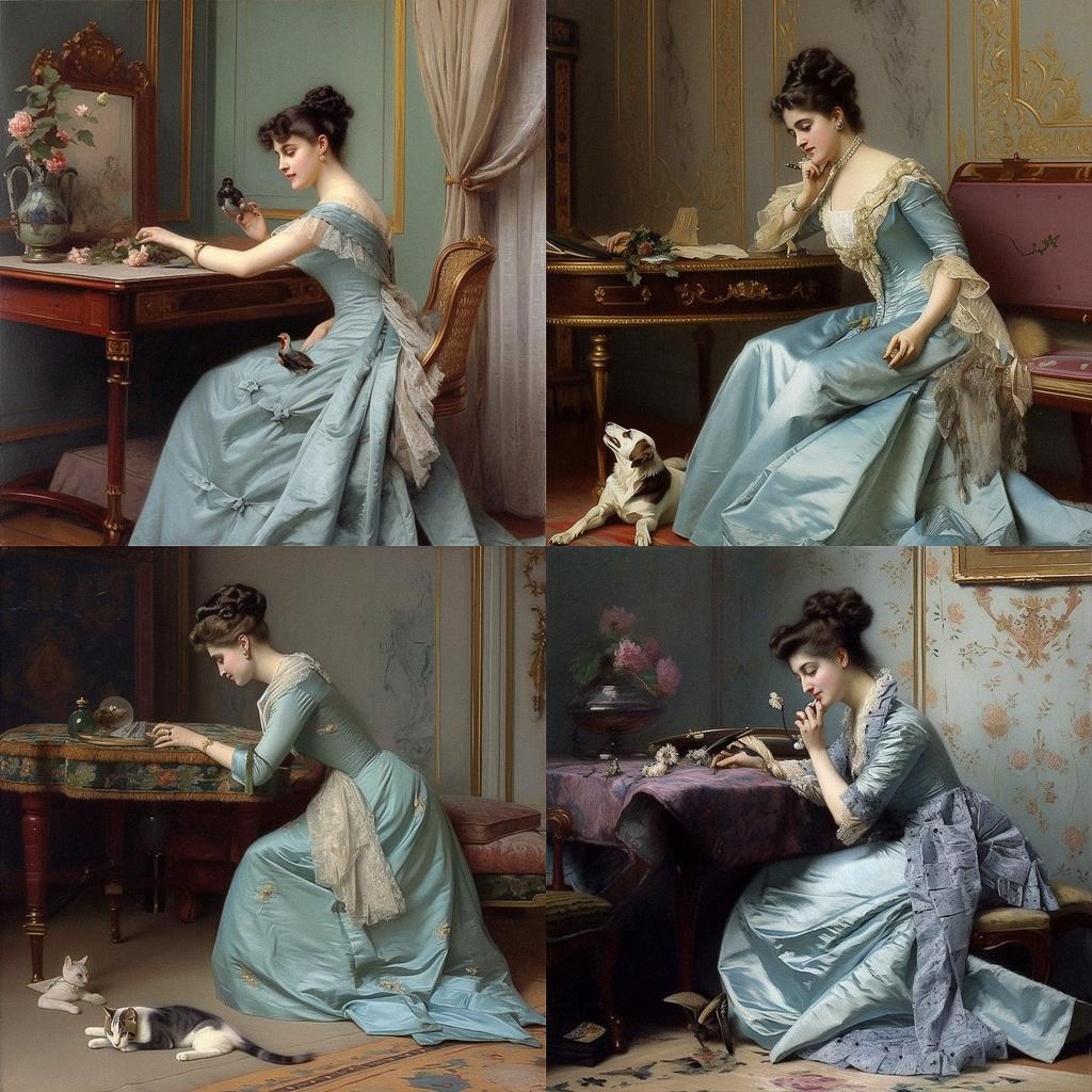 Auguste Toulmouche style, Midjourney V5, render 1 of 4