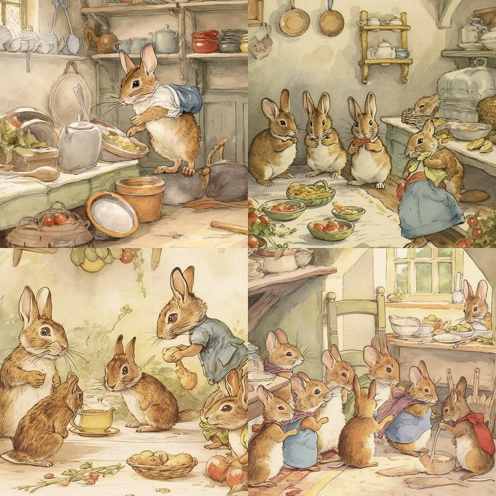 Beatrix Potter style, Midjourney V5, render 1 of 4
