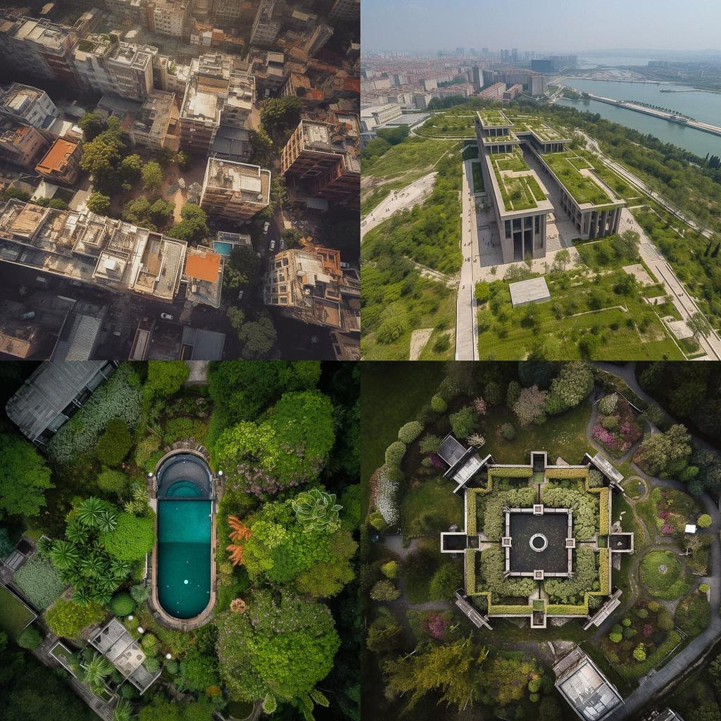 Bird's eye view style, Midjourney V5, render 1 of 4