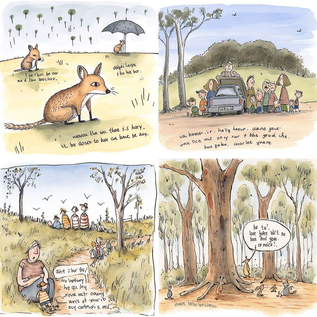 Cathy Wilcox style, Midjourney V5, render 1 of 4