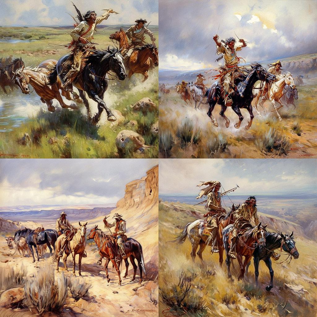 Charles Marion Russell style, Midjourney V5, render 1 of 4